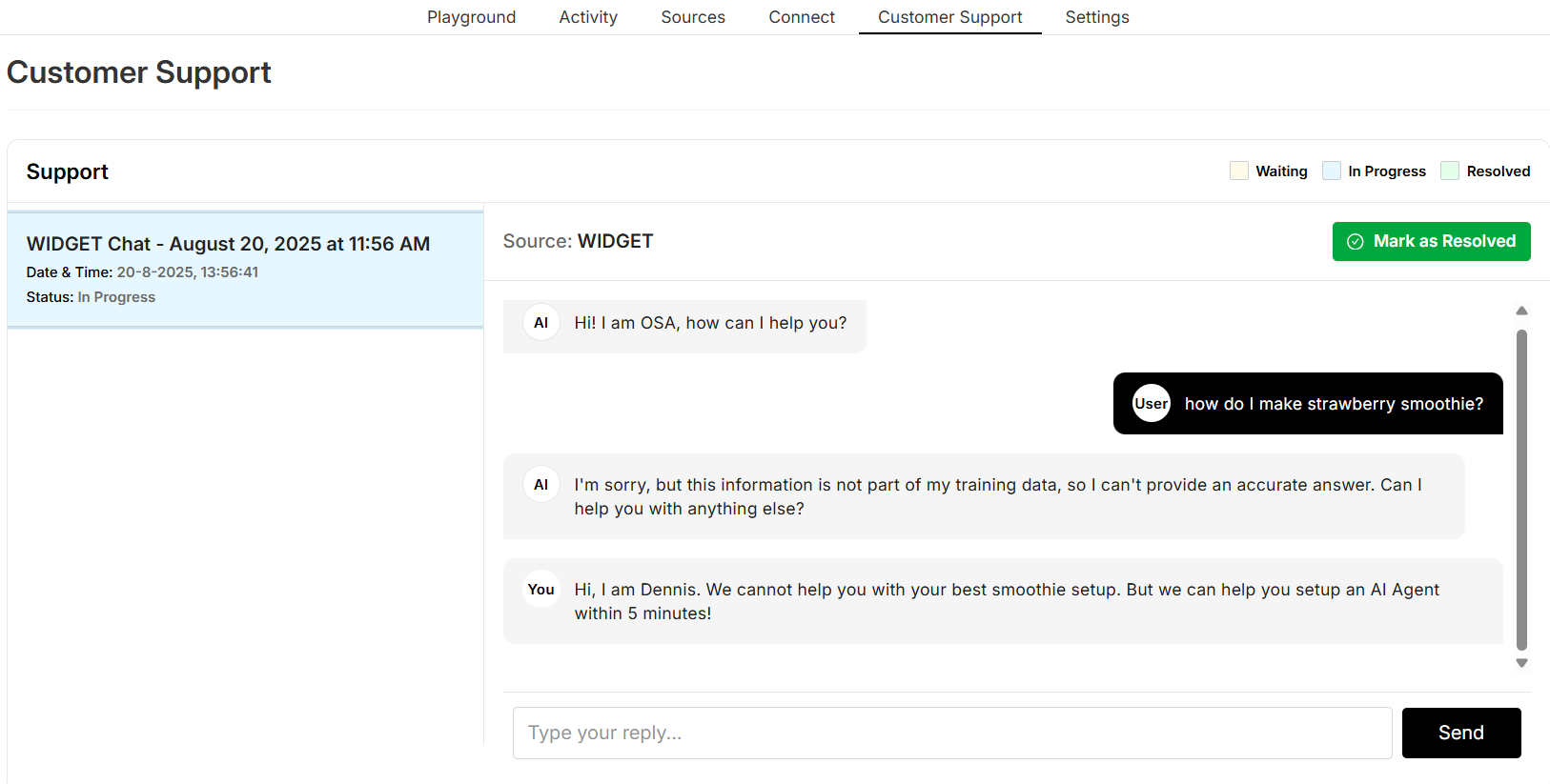 AI agent hands off to human when question is outside training data