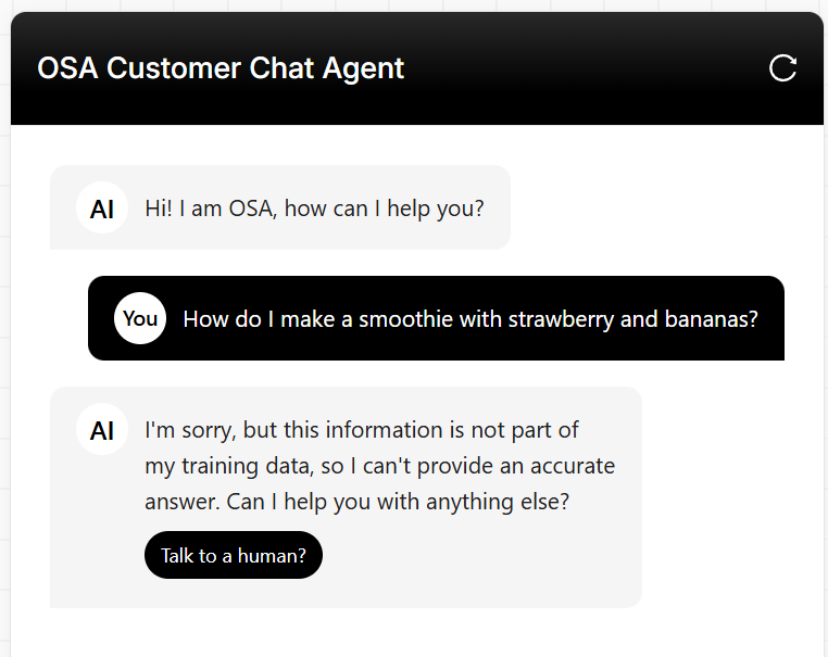 Agent indicates the question is not part of its training data (trained on OSA website)